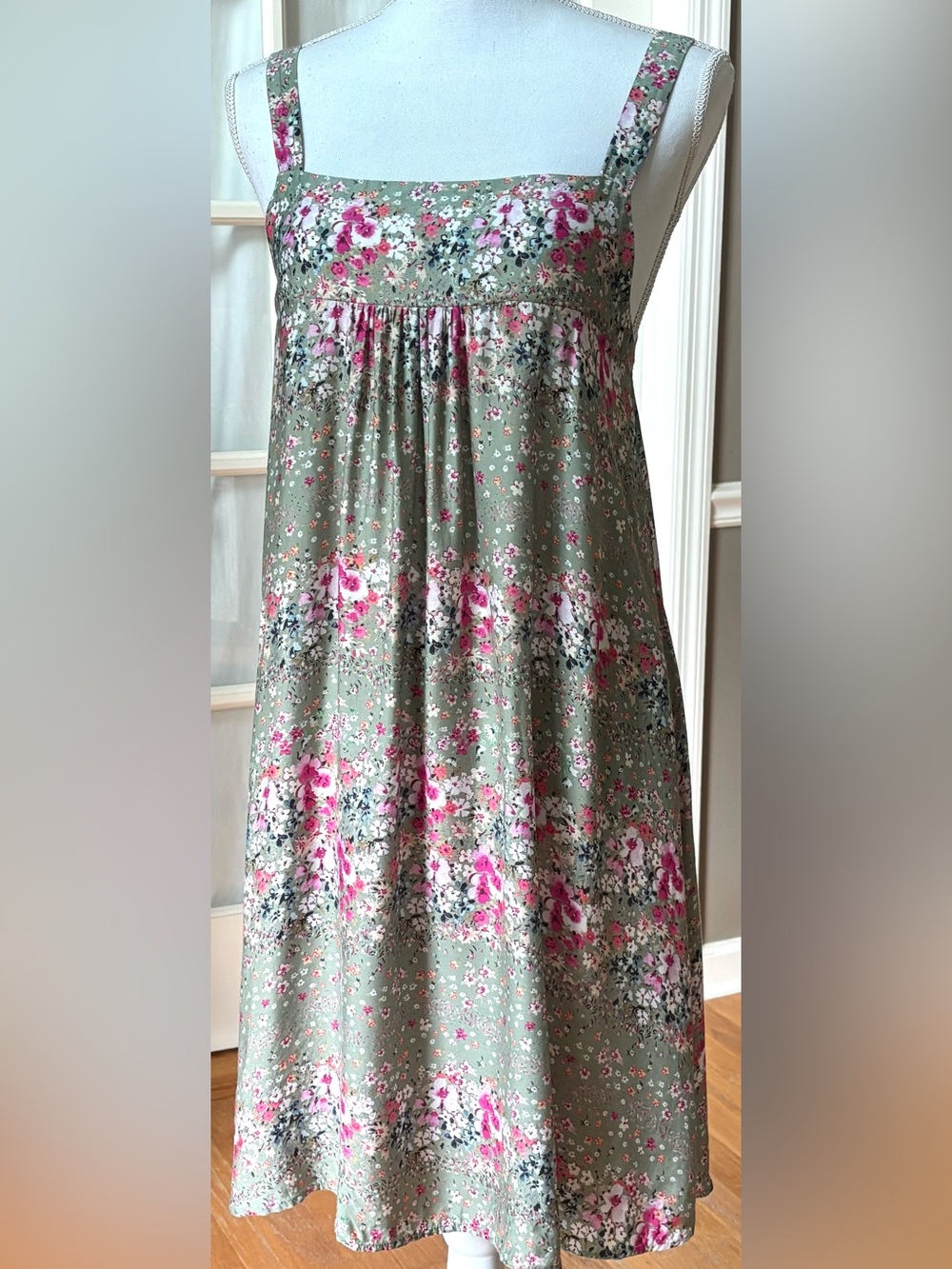 Milea Silk Blend Floral Babydoll Dress Sage Green Open Back Tie Cottagecore S
